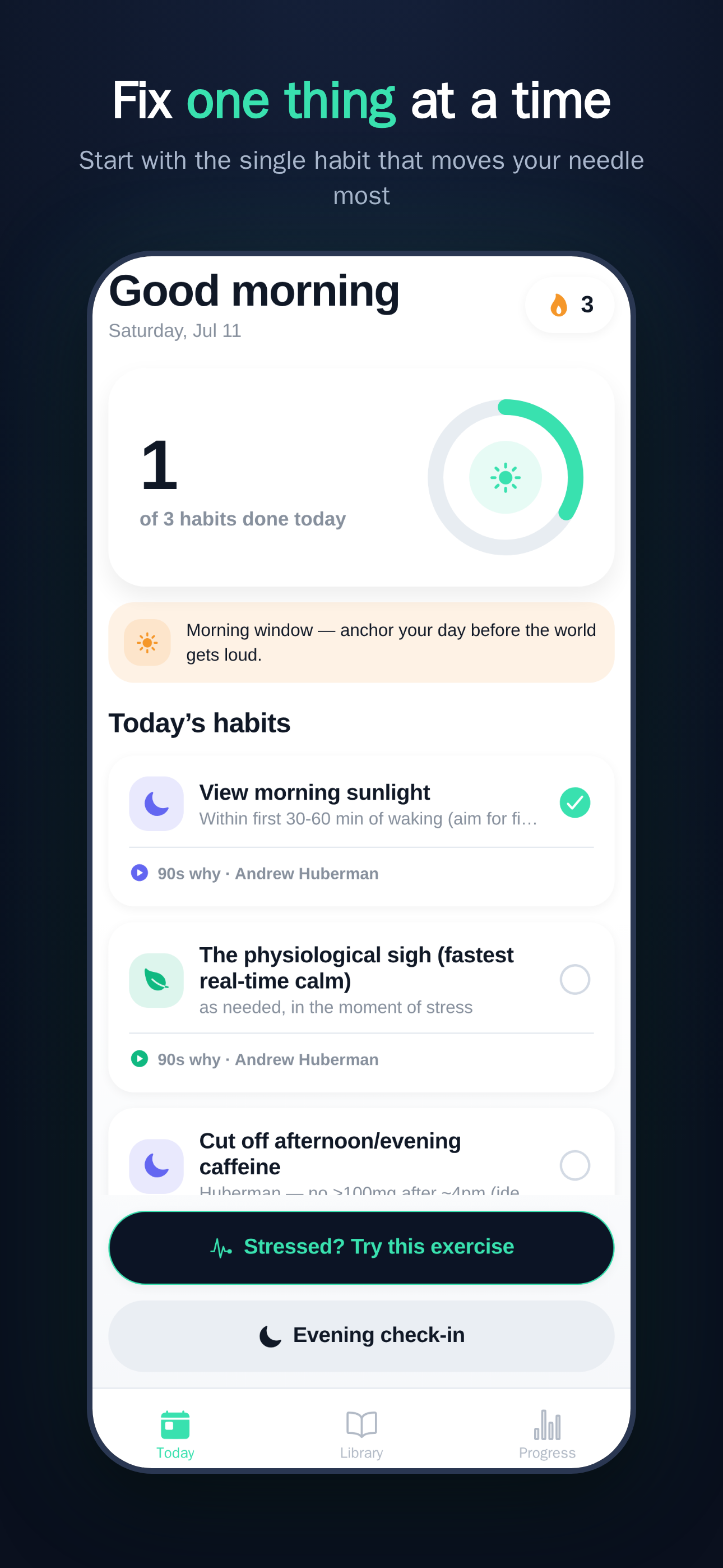 Today screen with a single active habit card