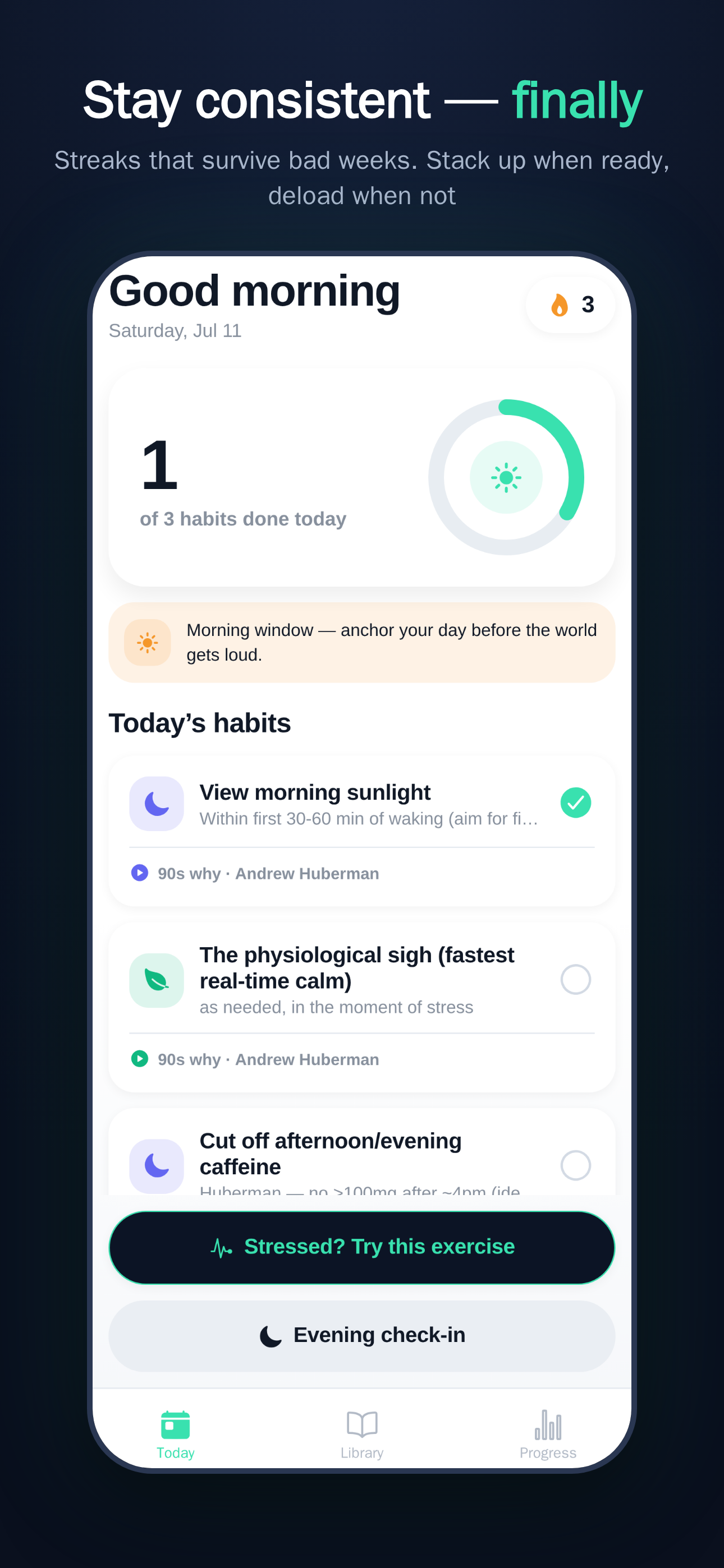 Daily check-in screen with streak counter and feel rating