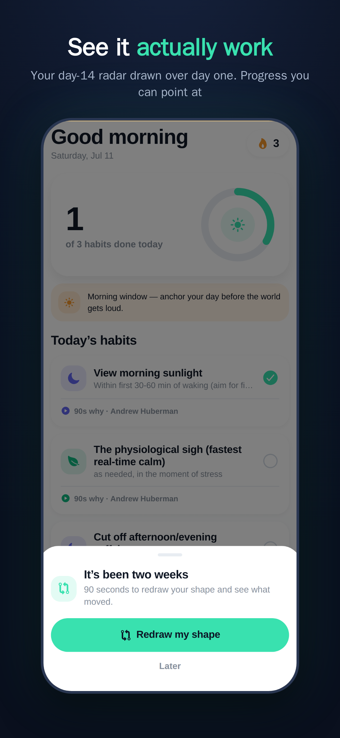 Day-14 re-test radar overlaid on the day-one baseline